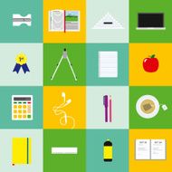 Set of flat icons for school on colorful background