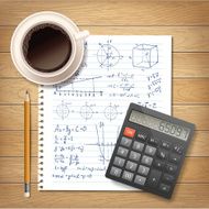 Illustration with formulas calculator and a cup of coffee N2