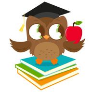 Owl on books with graduation hat holding apple