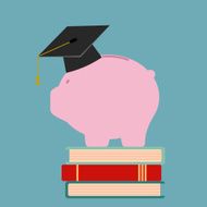Piggy bank in mortar board graduation cap standing on books