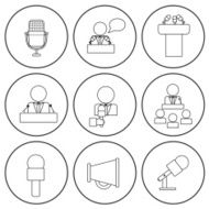 Set of isolated thin line icons on public speaking theme