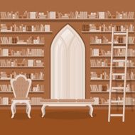 illustration Interior of old large home library N2