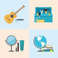 Set icons flat design beauty toolbox studies music