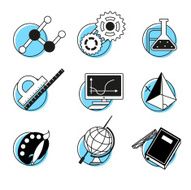 Science linear icons set school lessons disciplines