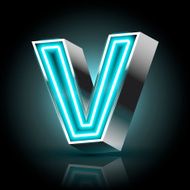 3d blue neon light letter V