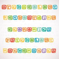 Names of different lessons written in colorful square letters N2