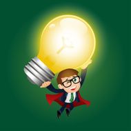 Super businessman holding up huge light bulb