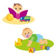 Little boy reading book Baby with toy N2