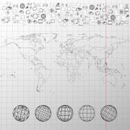 World map with world globes and other elements