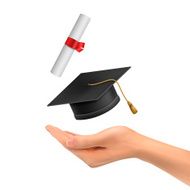 3d hand holding a graduation hat and diploma