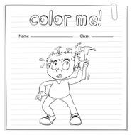 Coloring worksheet with a boy holding hammer