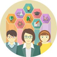 Woman Teacher and Pupils with Education Icons N2