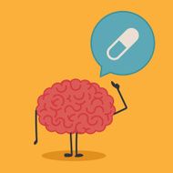 Brain character illustration with a bubble chat pills