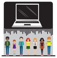 Laptop and a group of people