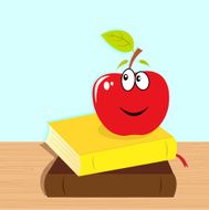 Back to school books and red smiling apple character