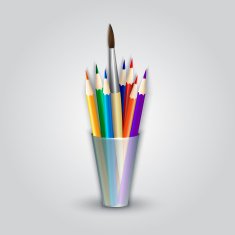 Vector abstract color pencils and paint brush in the caddy