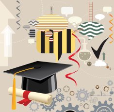 Vector graduation concept with thoughts and gears