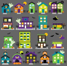 Vector Halloween Town with Haunted Houses Shops