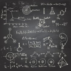 Chemical formulas and drawings on a chalkboard N2