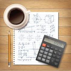 Illustration with formulas calculator and a cup of coffee N2