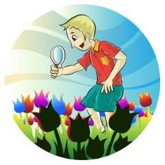 Portrait of male playing magnifying glass in flower field N2