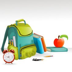 Vector school bag books pancil apple and alarm clock