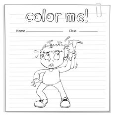 Coloring worksheet with a boy holding hammer