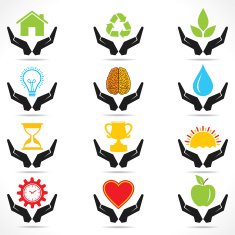 conceptual hand icon with different object icons