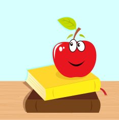 Back to school books and red smiling apple character