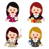 business women healthy eating icon set