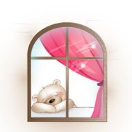 The bear sits by the window and misses