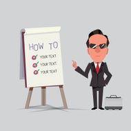 Businessman in suit with blank presentation easel gesturing hands