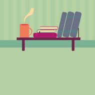 Bookshelf with books and cup of tea in style flat