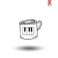 Coffee cup with piano icon hand drawn illustration