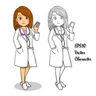 Doctor hold smart phone in hand vector doodle