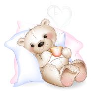 Bear lying in bed on pillows