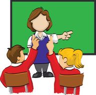 Boy and girl raising hands