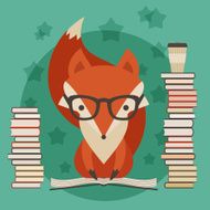 Education concept Fox in glasses with many books