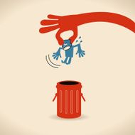 Big hand throwing (putting) man (businessman) into trash can