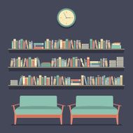 Flat Design Reading Seats and Bookshelves Vector Illustration N10