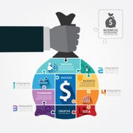 infographic Template with businessman hand hold money bag jigsaw