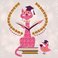Cat in academic cap reading a book bird is watching