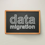 data migration on blackboard in wooden frame