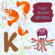 Sea very cute Alphabet marine set in vector K letter Krill Krak N2