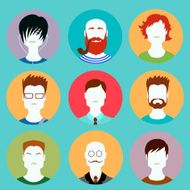 Colorful Male Faces Circle Icons Set in Trendy Flat Style