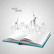 Opened book and drawing building sketches