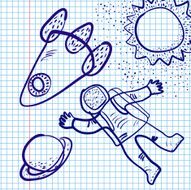 astronaut rocket planet and sun pen drawn in copybook N2