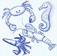 seafood pen drawn on sheet of paper vector illustration