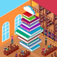 Isometric Library Stack Books Concept Knowledge