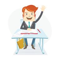 Smiingl school student raising up his hand at the desk N2